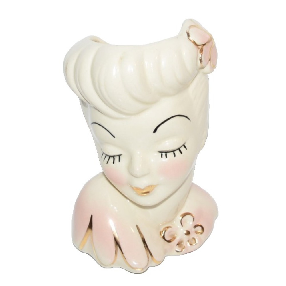Vtg ivory with Pink gold Glamour Girl Lady head planter Art deco